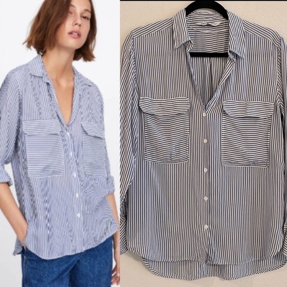 Zara Women’s Button Front Shirt Small Blue Classic Striped Lightweight Causal - Picture 1 of 16